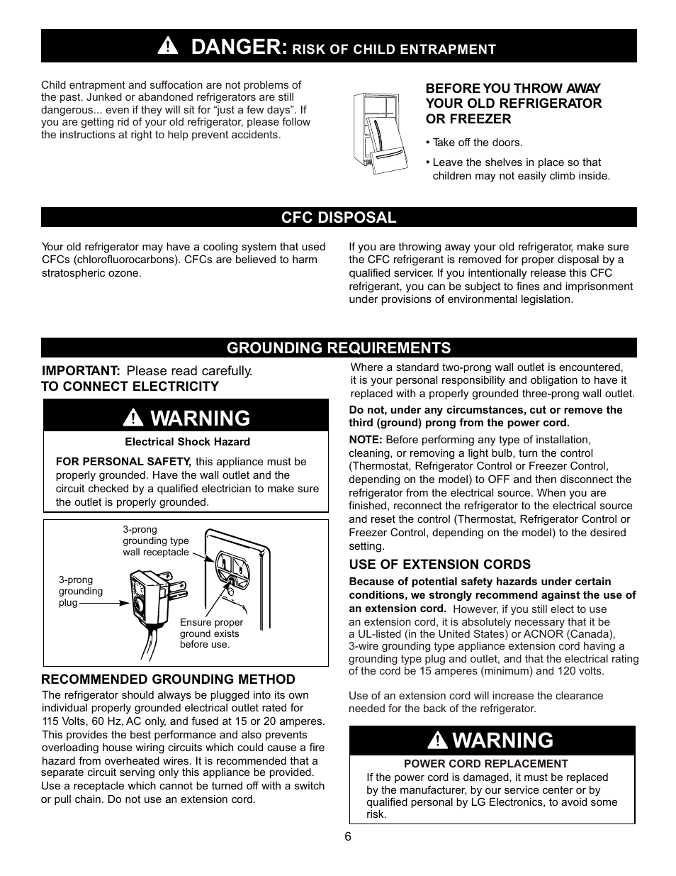 Danger, Warning, Cfc disposal grounding requirements | LG LRBC2051 User Manual | Page 6 / 35