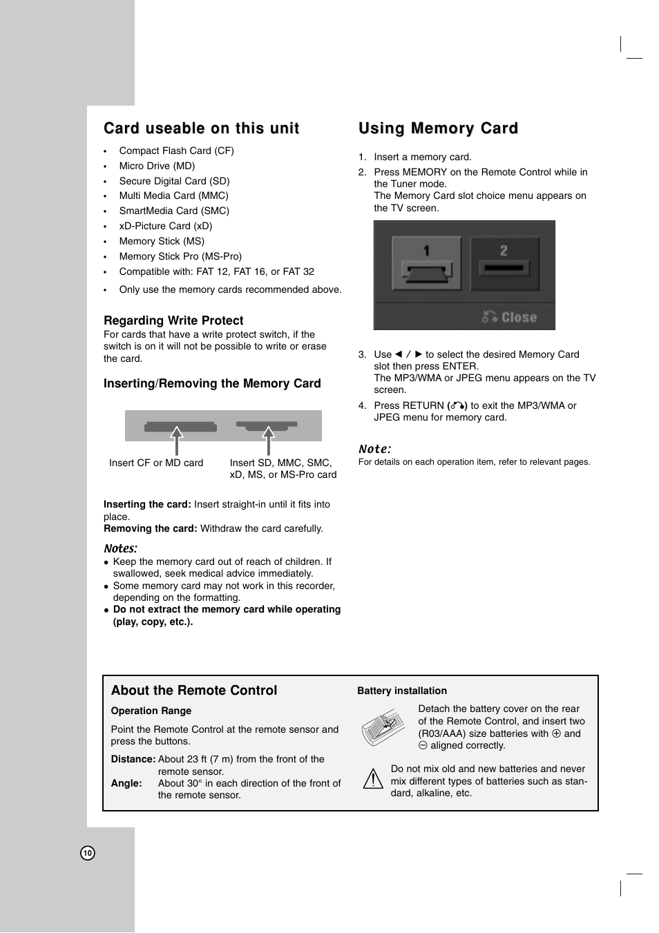 Card useable on this unit, About the remote control | LG LRA-516 User Manual | Page 10 / 56