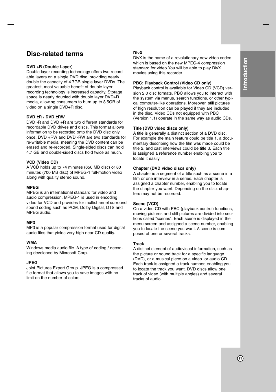 Disc-related terms, Introduction | LG LRA-516 User Manual | Page 11 / 56