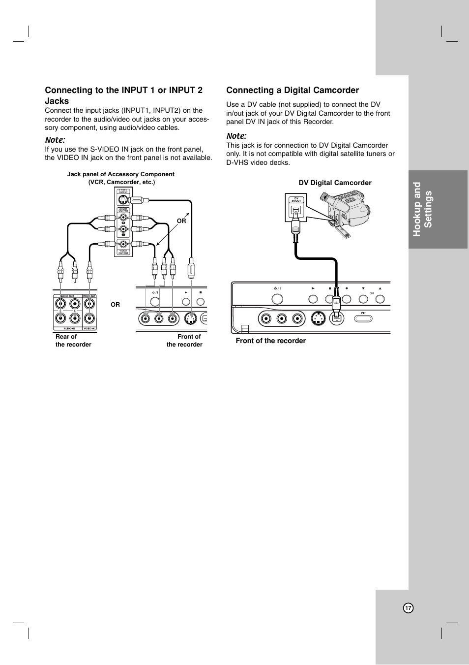 Hookup and settings, Connecting to the input 1 or input 2 jacks, Connecting a digital camcorder | Dv digital camcorder front of the recorder | LG LRA-516 User Manual | Page 17 / 56