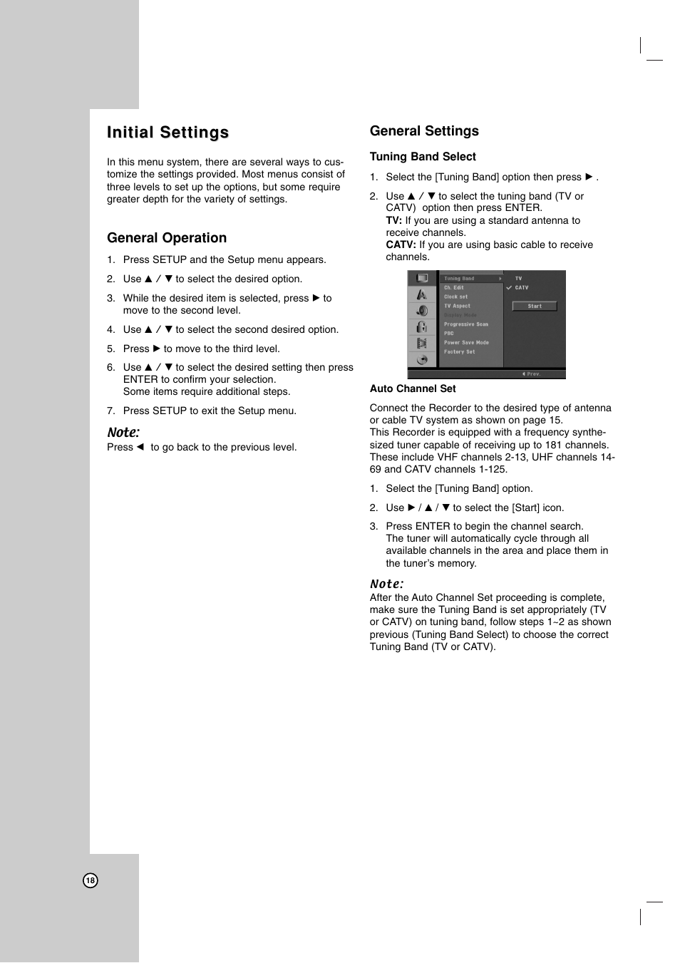 Initial settings, General operation, General settings | LG LRA-516 User Manual | Page 18 / 56