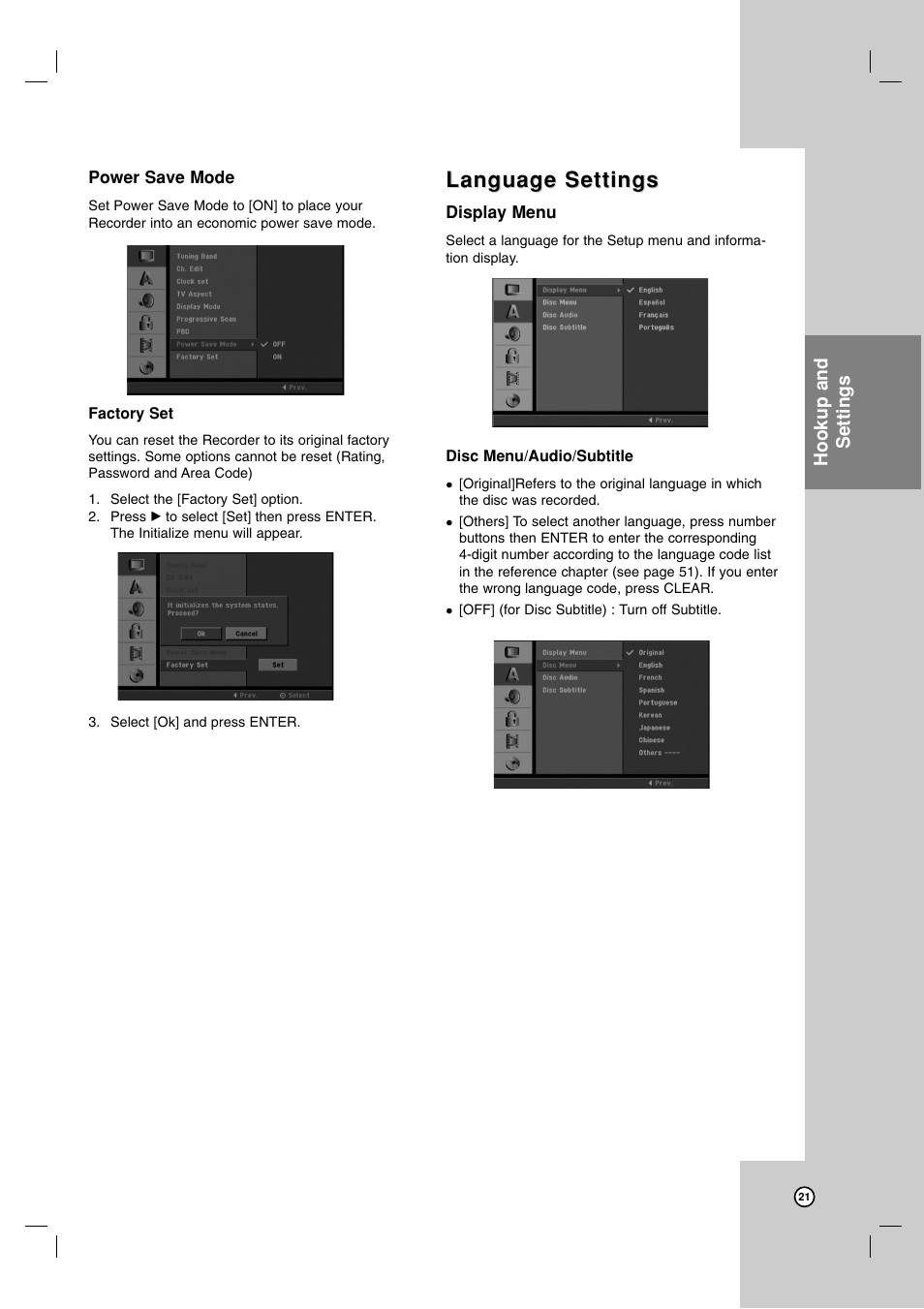 Language settings | LG LRA-516 User Manual | Page 21 / 56