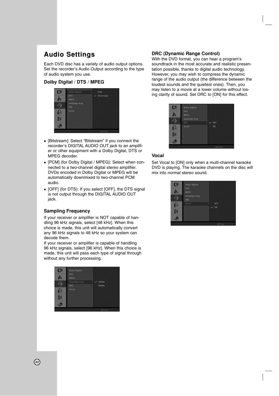 Audio settings | LG LRA-516 User Manual | Page 22 / 56