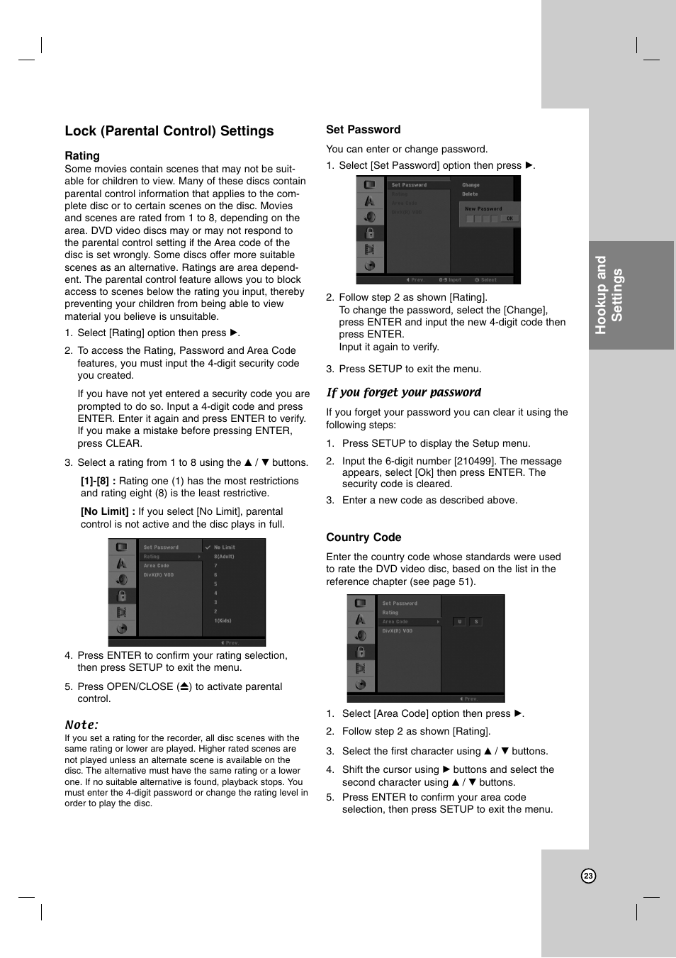 Lock (parental control) settings, Hookup and settings | LG LRA-516 User Manual | Page 23 / 56