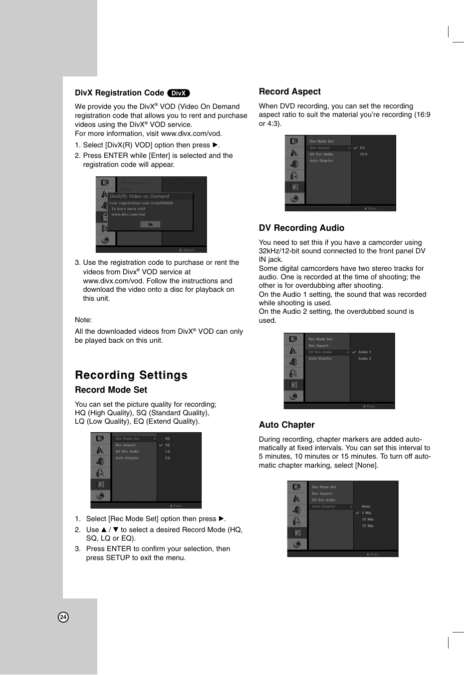 Recording settings | LG LRA-516 User Manual | Page 24 / 56