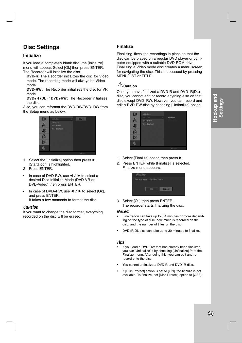 Disc settings, Hookup and settings | LG LRA-516 User Manual | Page 25 / 56