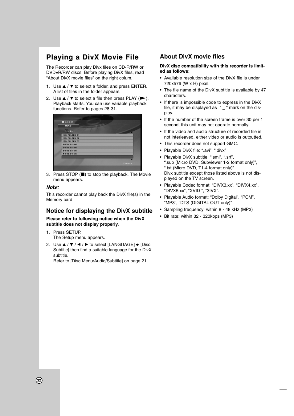 Playing a divx movie file, Notice for displaying the divx subtitle, About divx movie files | LG LRA-516 User Manual | Page 32 / 56