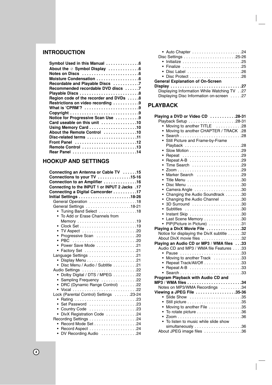 Introduction, Hookup and settings, Playback | LG LRA-516 User Manual | Page 4 / 56