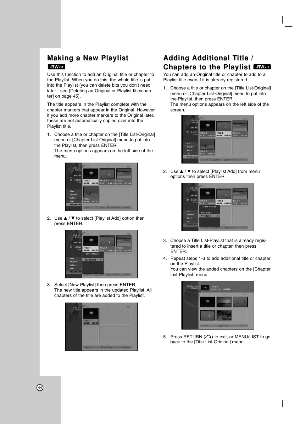 Making a new playlist, Adding | LG LRA-516 User Manual | Page 44 / 56