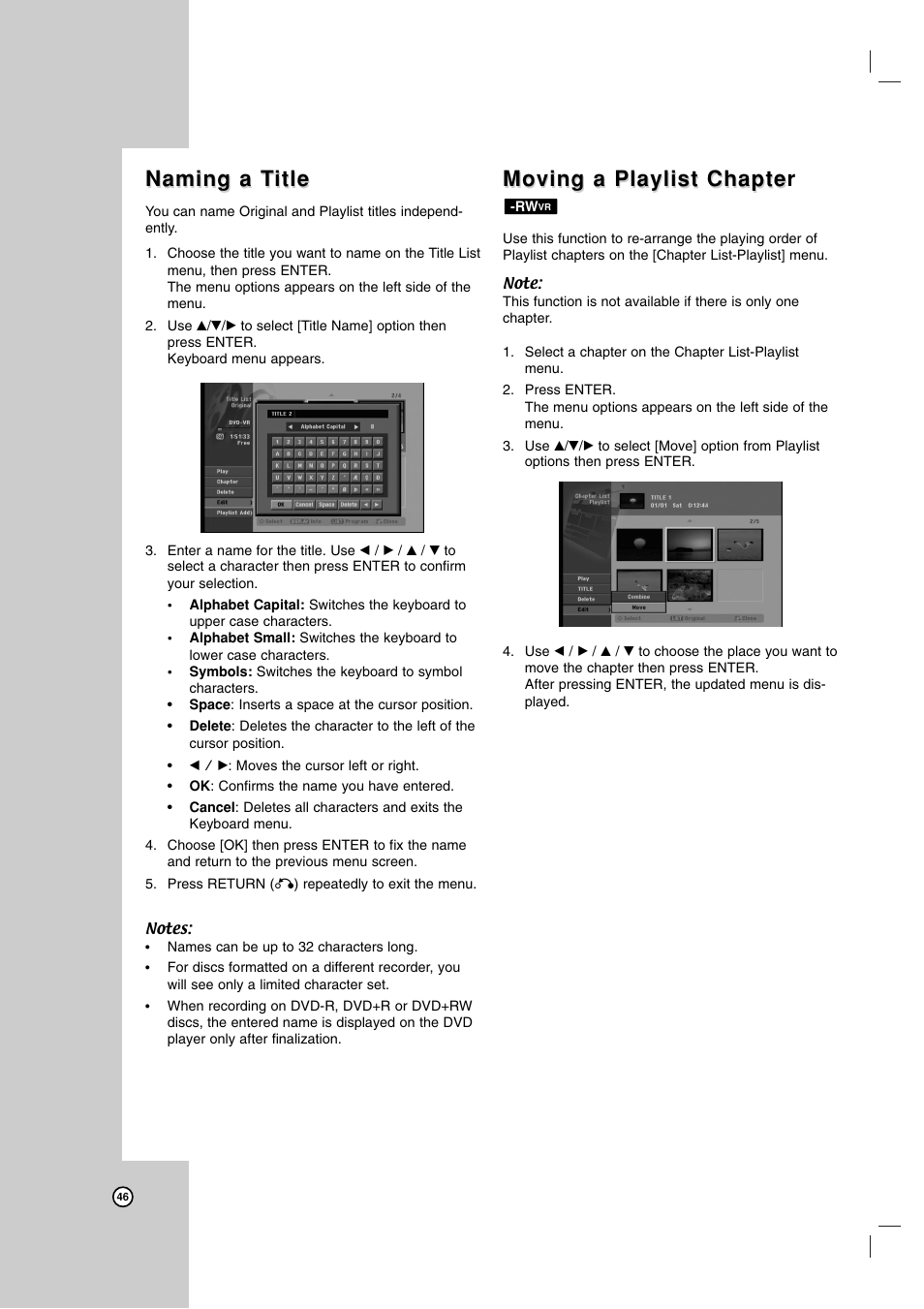 Naming a t, Naming a t itle itle, Moving a playlist chapte moving a playlist chapter | LG LRA-516 User Manual | Page 46 / 56