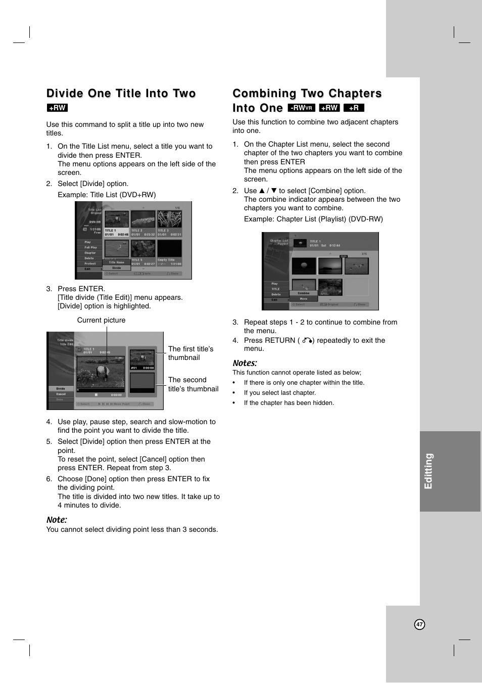 Divide one t, Divide one t itle into t itle into t wo wo, Combining t | Editting | LG LRA-516 User Manual | Page 47 / 56