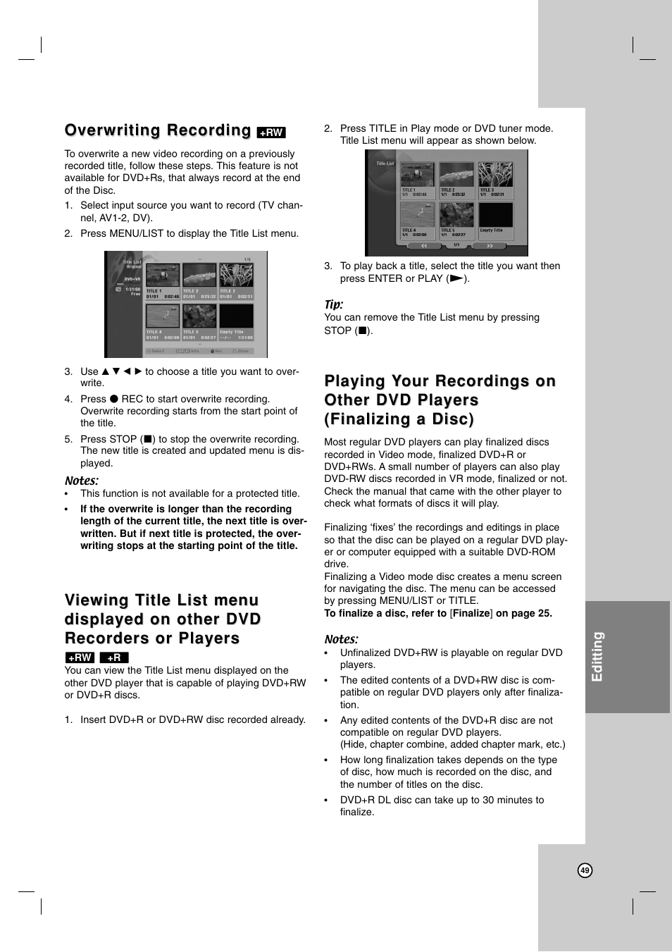 Overwriting recording, Playing | LG LRA-516 User Manual | Page 49 / 56