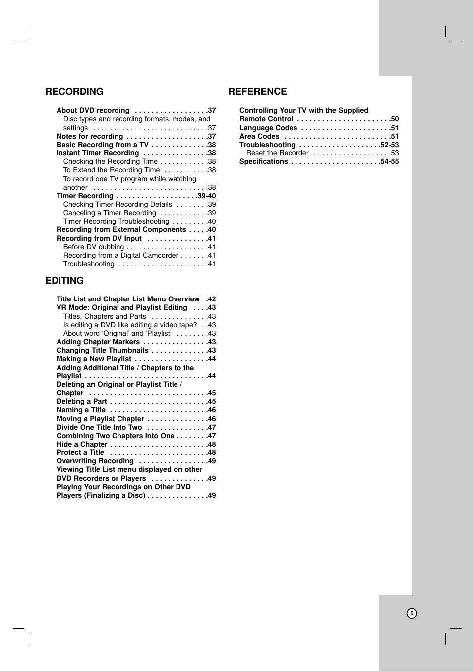 Dubbing, Recording, Editing | Reference | LG LRA-516 User Manual | Page 5 / 56