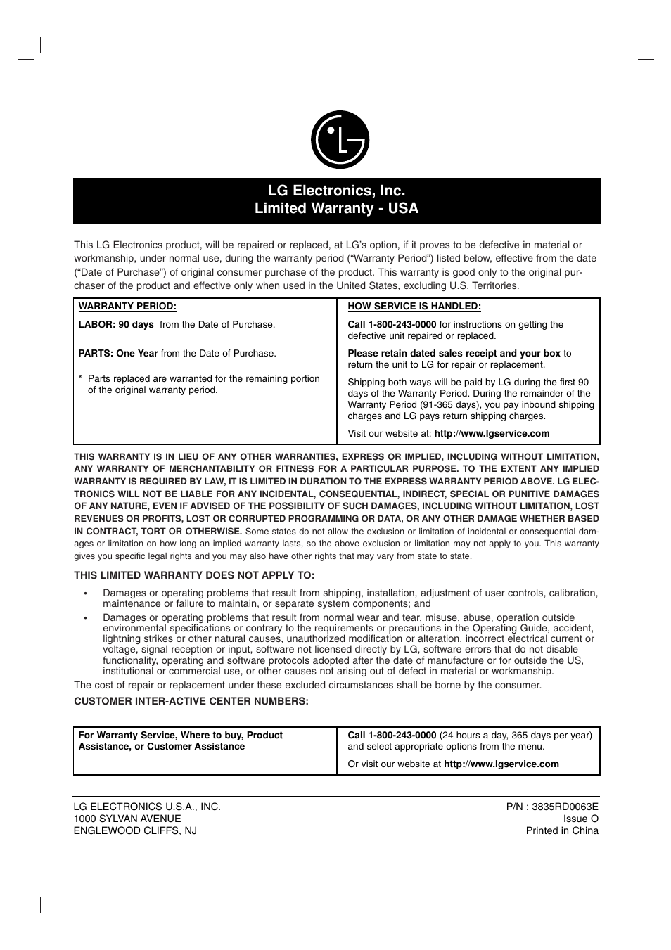 Lg electronics, inc. limited warranty - usa | LG LRA-516 User Manual | Page 56 / 56