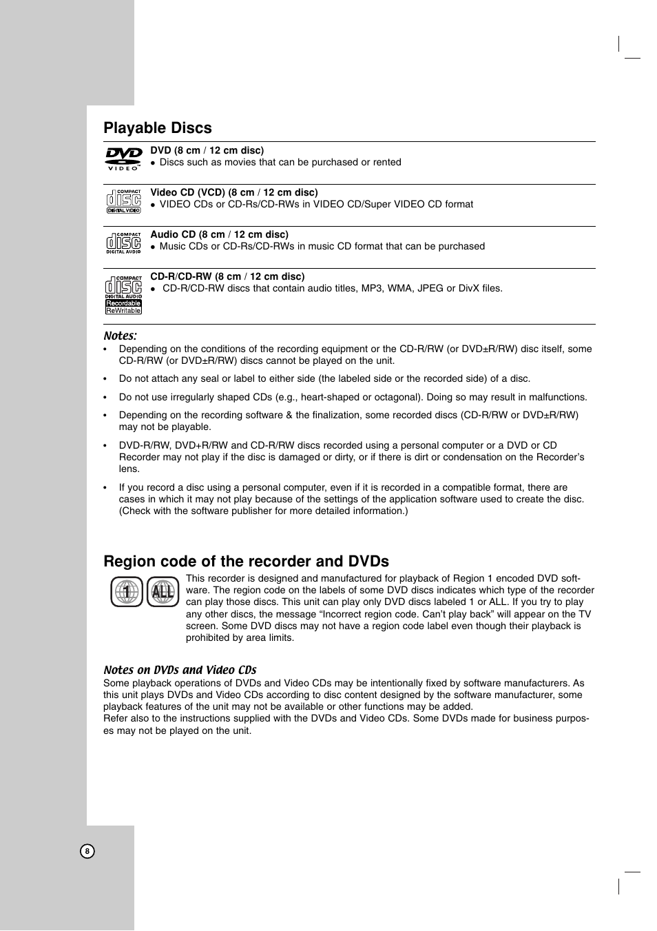 1all, Playable discs, Region code of the recorder and dvds | LG LRA-516 User Manual | Page 8 / 56