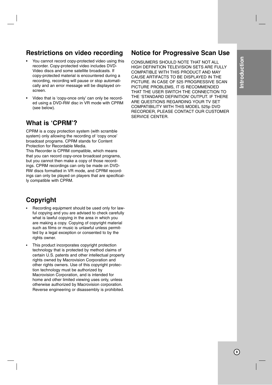 Restrictions on video recording, What is ‘cprm, Copyright | Notice for progressive scan use | LG LRA-516 User Manual | Page 9 / 56