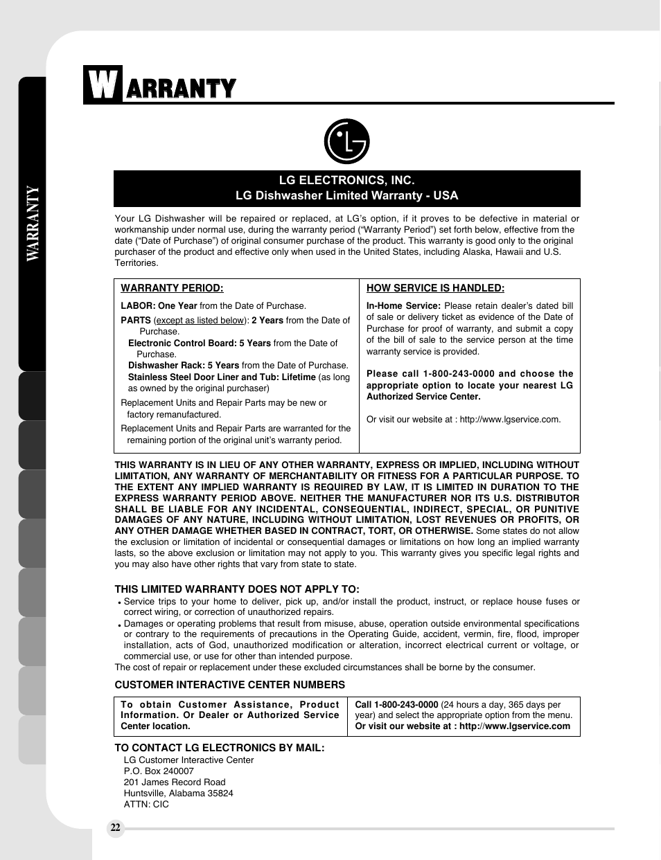 Aar rr ra an nt ty y | LG LDF9810BB User Manual | Page 22 / 48