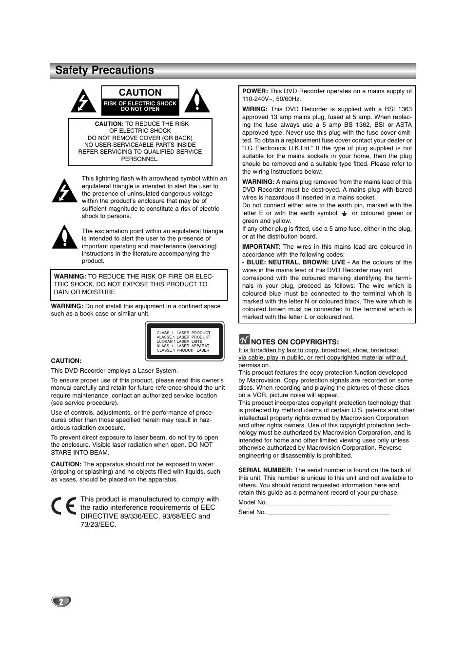 Safety precautions, Caution | LG DR4912 User Manual | Page 2 / 64