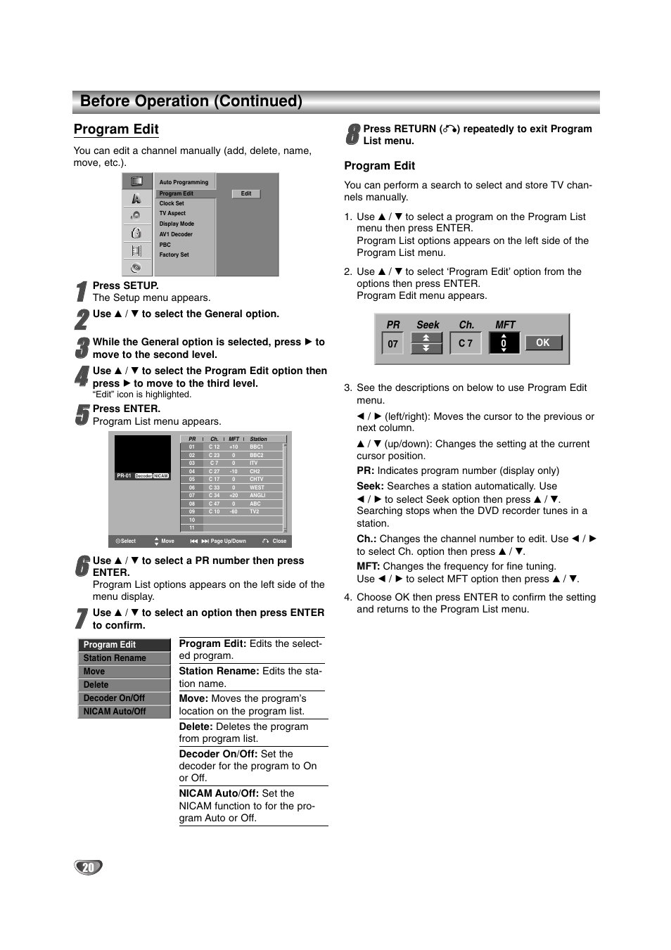 Before operation (continued), Program edit | LG DR4912 User Manual | Page 20 / 64