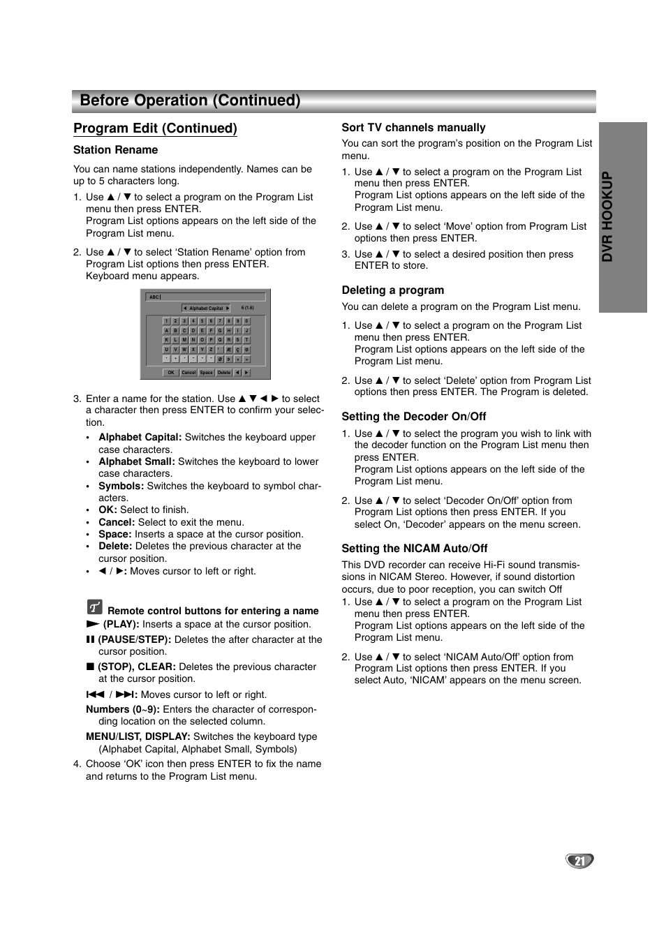 Before operation (continued), Dvr hookup, Program edit (continued) | Station rename, Sort tv channels manually, Deleting a program, Setting the decoder on/off, Setting the nicam auto/off | LG DR4912 User Manual | Page 21 / 64