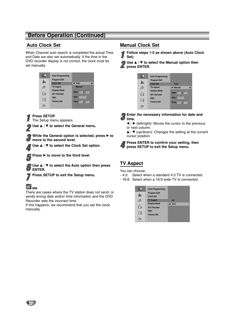 Before operation (continued), Auto clock set, Manual clock set | Tv aspect | LG DR4912 User Manual | Page 22 / 64