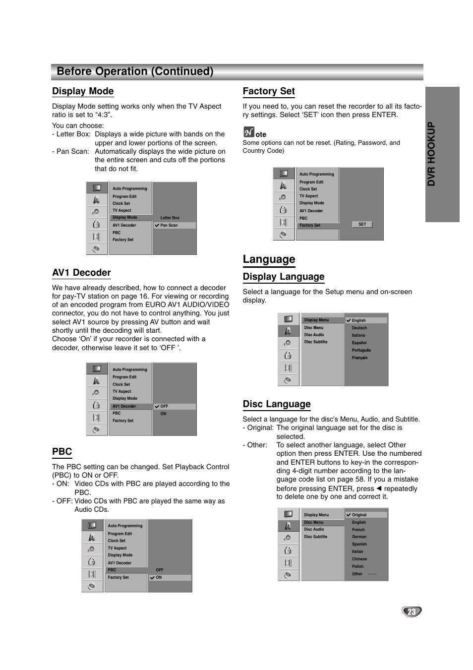 Before operation (continued), Language, Dvr hookup | Display mode, Av1 decoder, Factory set, Display language, Disc language | LG DR4912 User Manual | Page 23 / 64