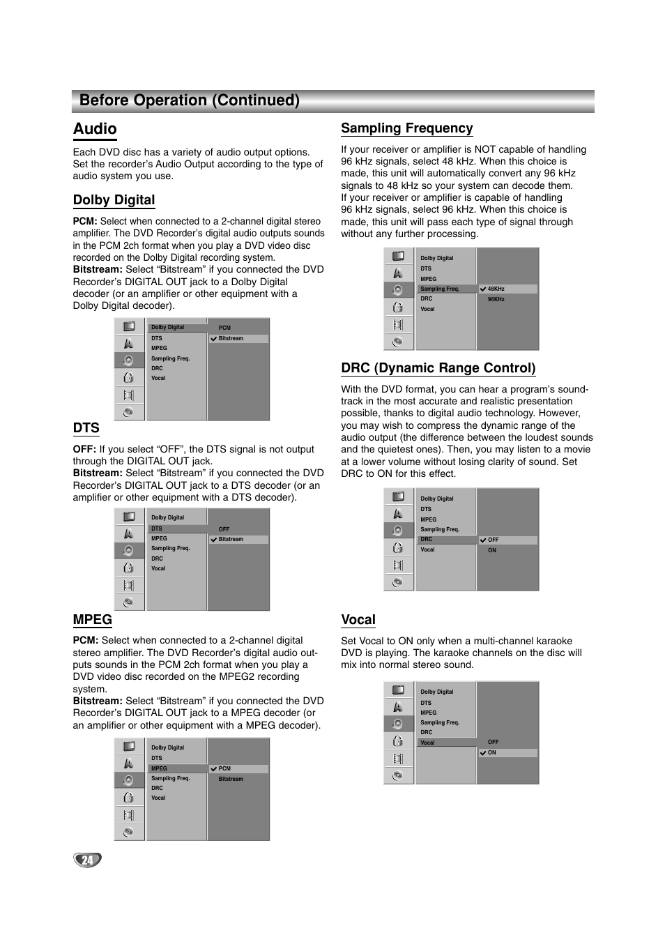 Before operation (continued) audio, Dolby digital, Mpeg | Sampling frequency, Drc (dynamic range control), Vocal | LG DR4912 User Manual | Page 24 / 64