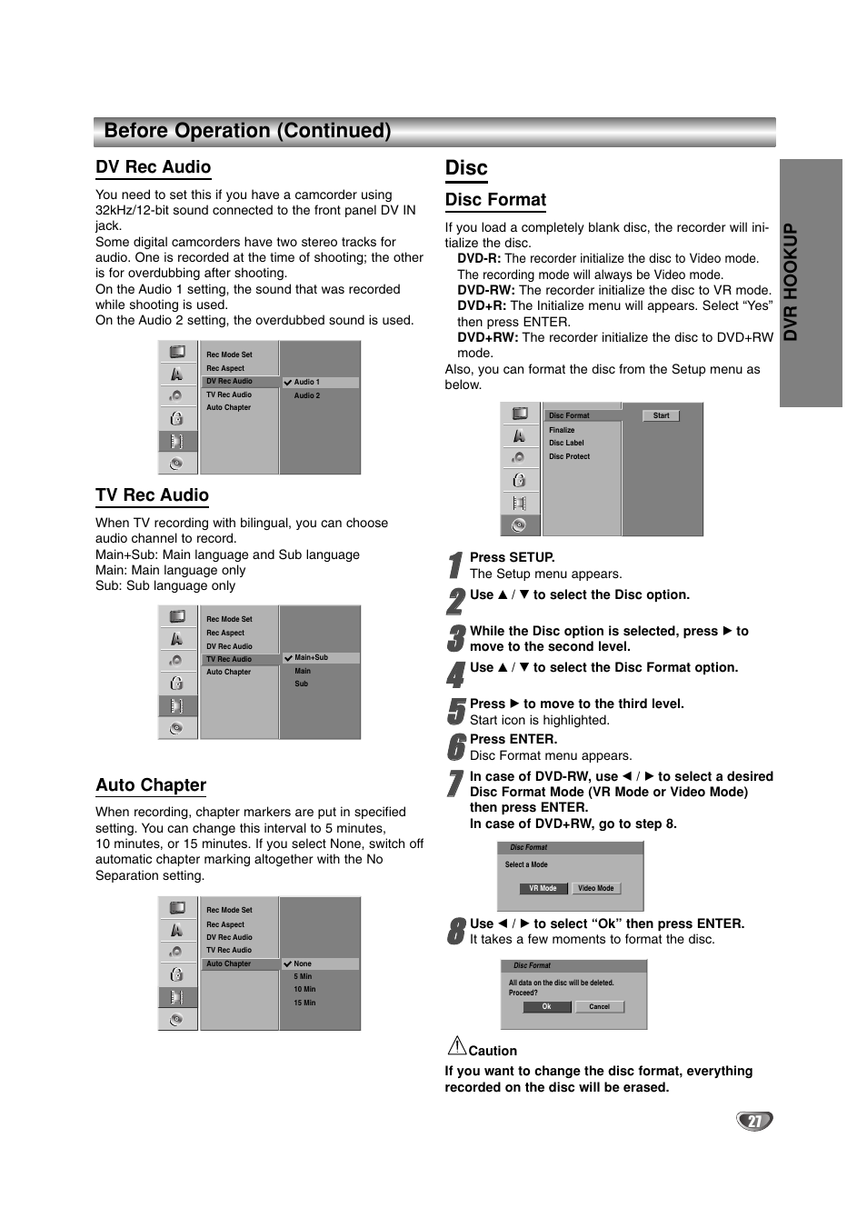 Before operation (continued), Disc, Dvr hookup | Dv rec audio, Tv rec audio, Auto chapter, Disc format | LG DR4912 User Manual | Page 27 / 64