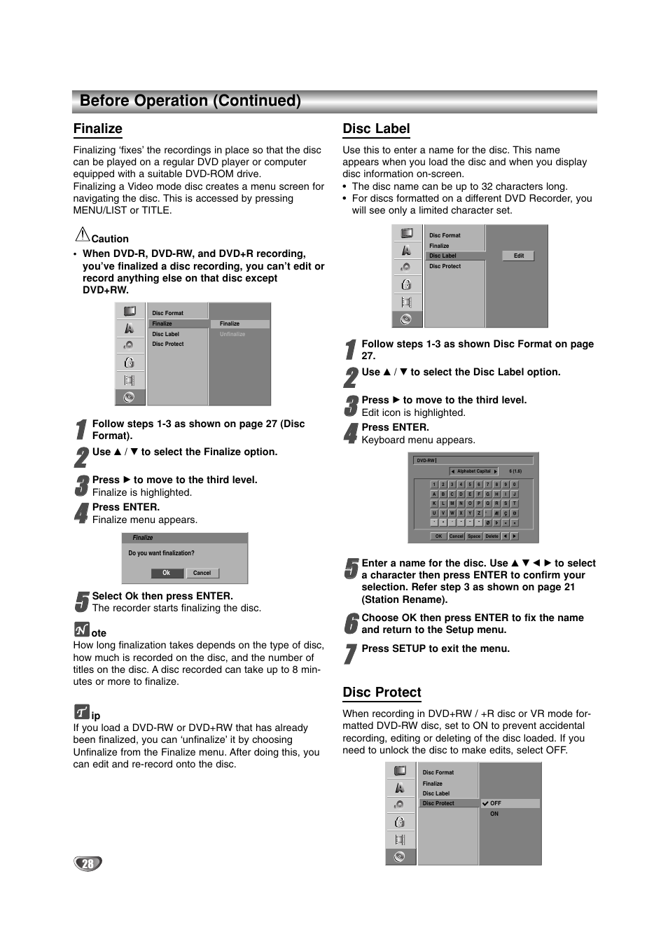 Before operation (continued), Finalize, Disc label | Disc protect | LG DR4912 User Manual | Page 28 / 64
