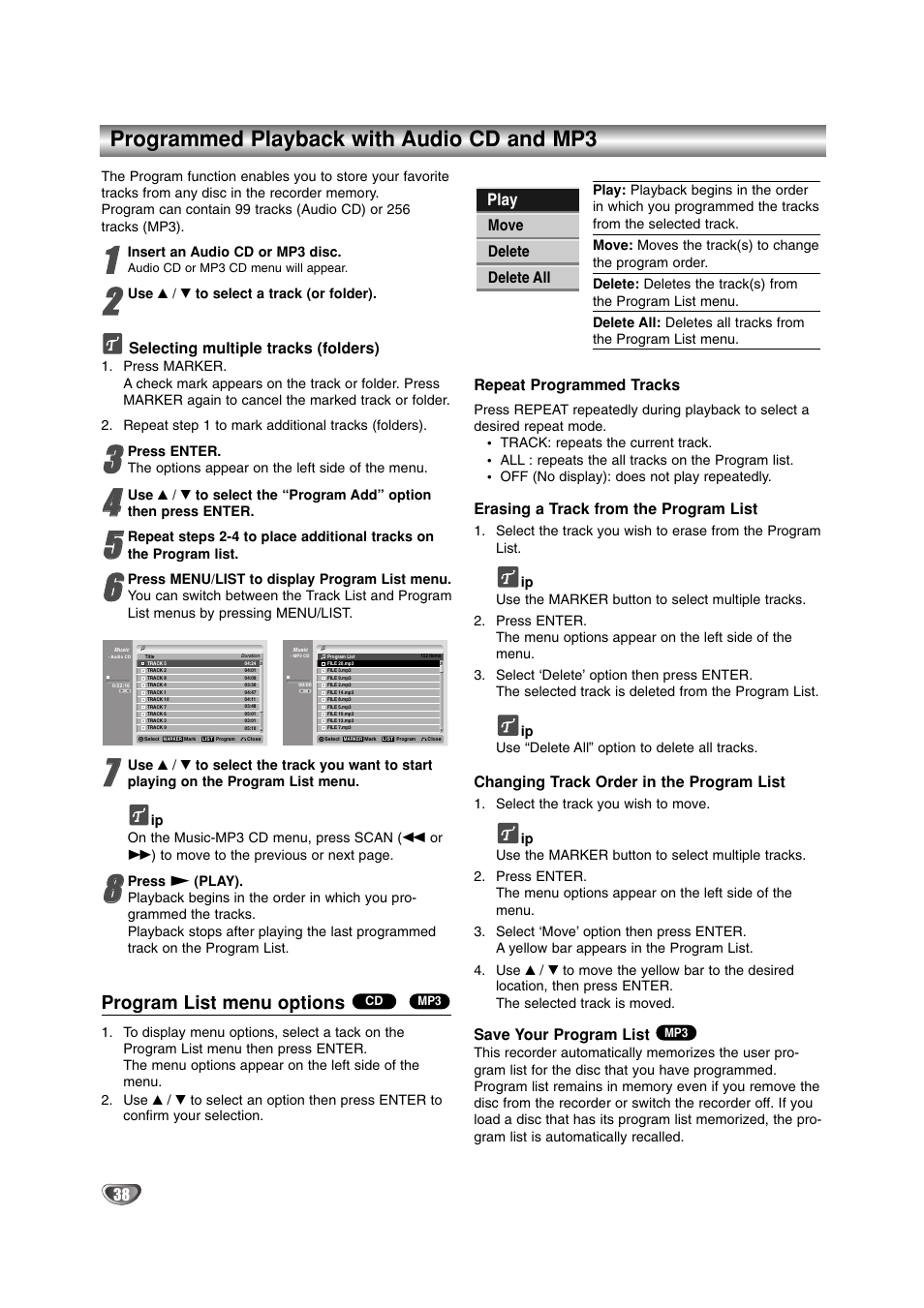Programmed playback with audio cd and mp3, Program list menu options, Play | LG DR4912 User Manual | Page 38 / 64