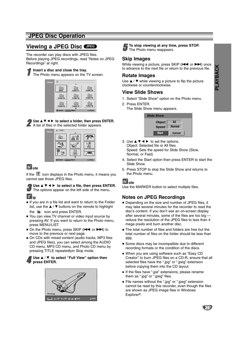 Viewing a jpeg disc, Jpeg disc operation, Pla yback | Skip images, Rotate images, View slide shows | LG DR4912 User Manual | Page 39 / 64