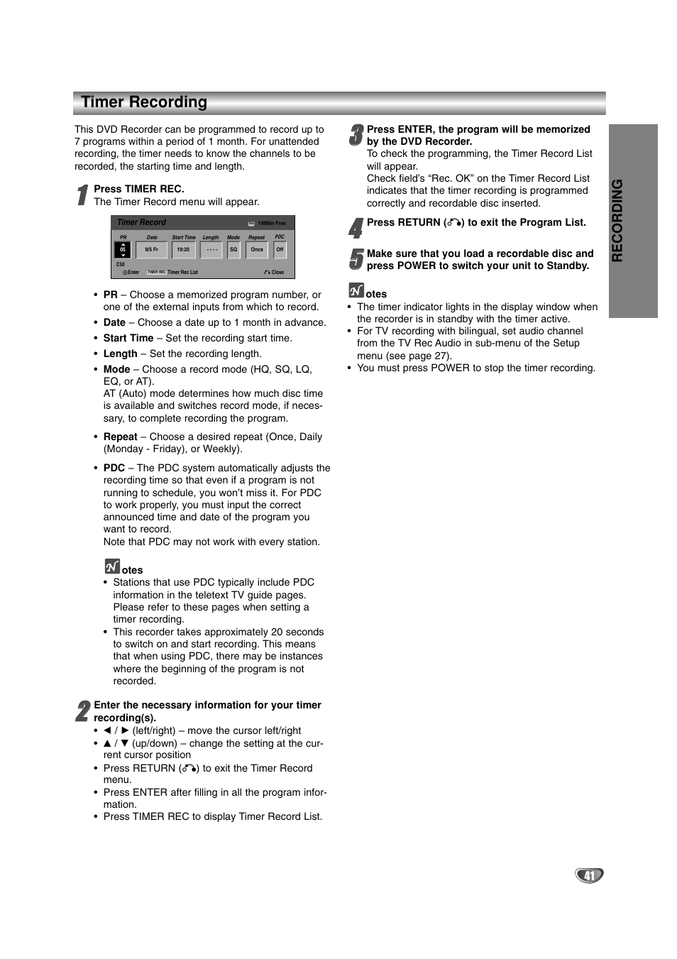 Timer recording, Recording | LG DR4912 User Manual | Page 41 / 64