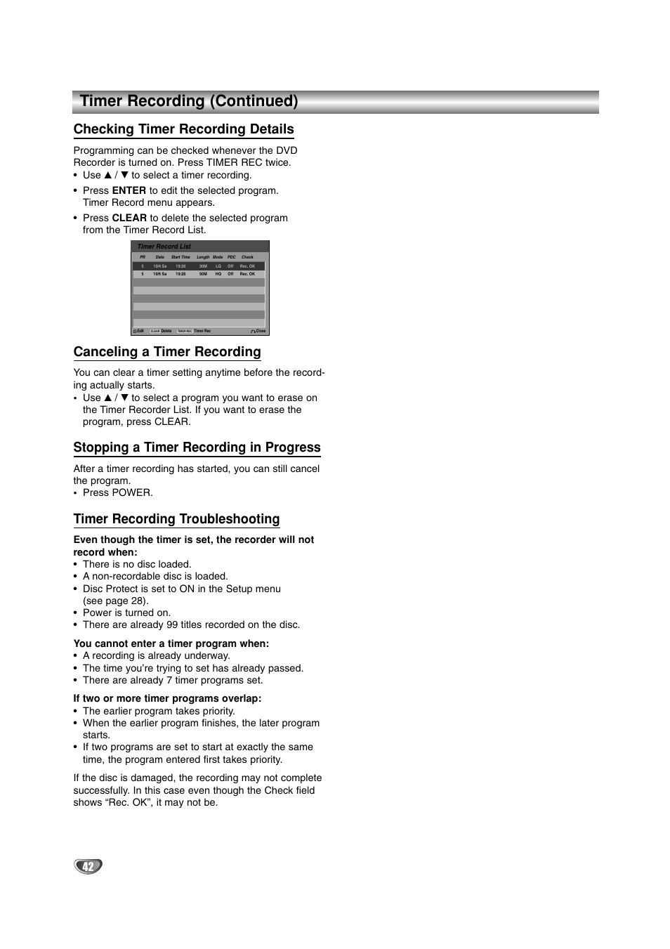 Timer recording (continued), Checking timer recording details, Canceling a timer recording | Stopping a timer recording in progress, Timer recording troubleshooting | LG DR4912 User Manual | Page 42 / 64