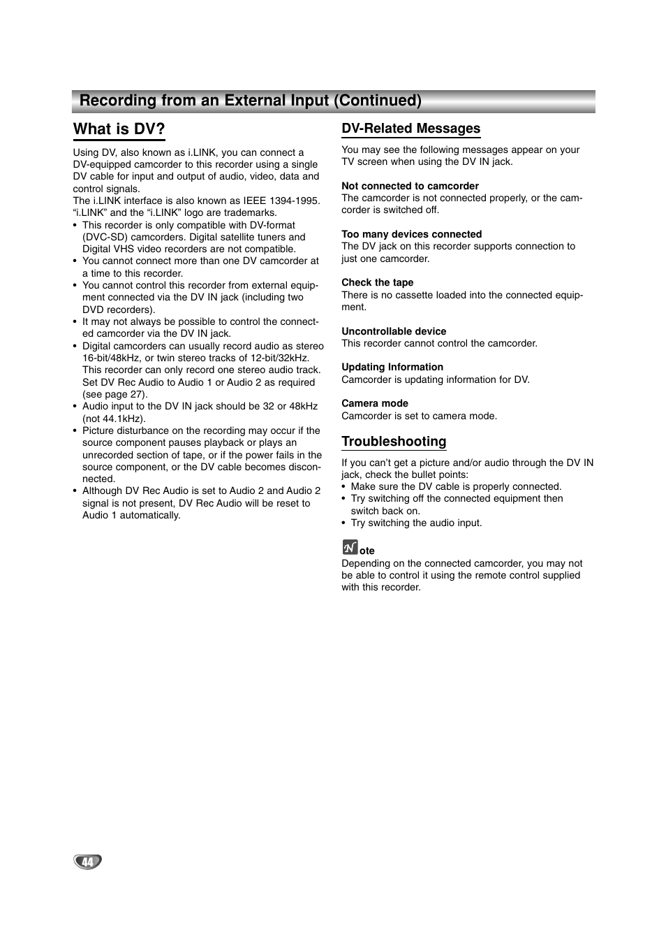 Dv-related messages, Troubleshooting | LG DR4912 User Manual | Page 44 / 64