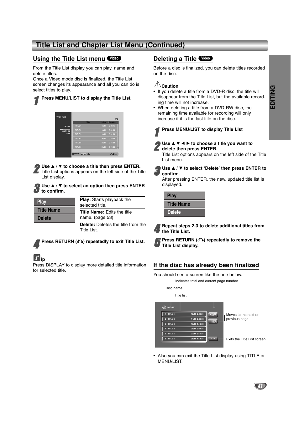 Title list and chapter list menu (continued), Editing, Using the title list menu | Deleting a title, If the disc has already been finalized, Play, Delete | LG DR4912 User Manual | Page 47 / 64