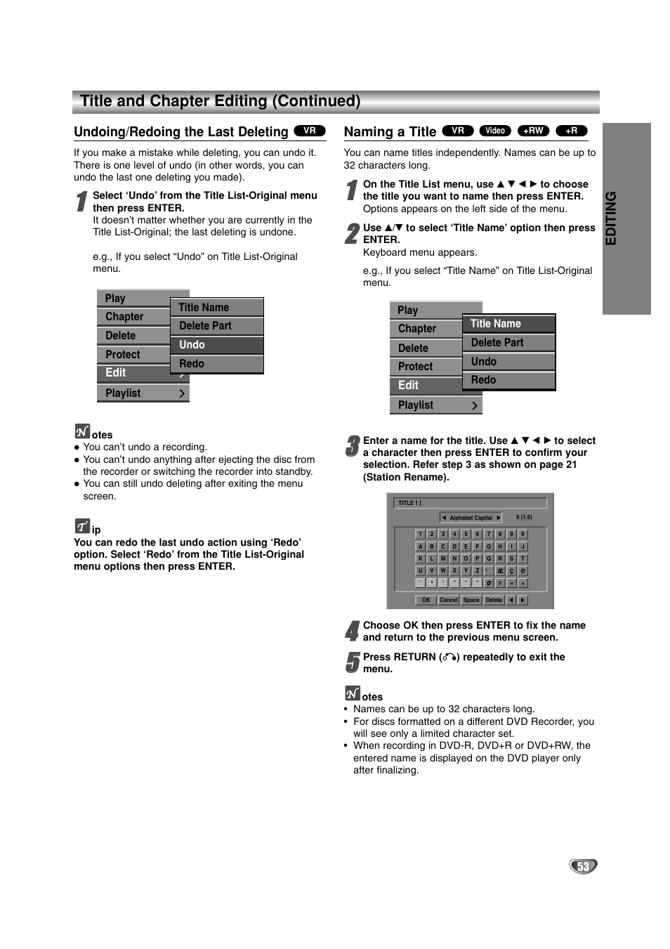 Title and chapter editing (continued), Editing, Undoing/redoing the last deleting | Naming a title | LG DR4912 User Manual | Page 53 / 64