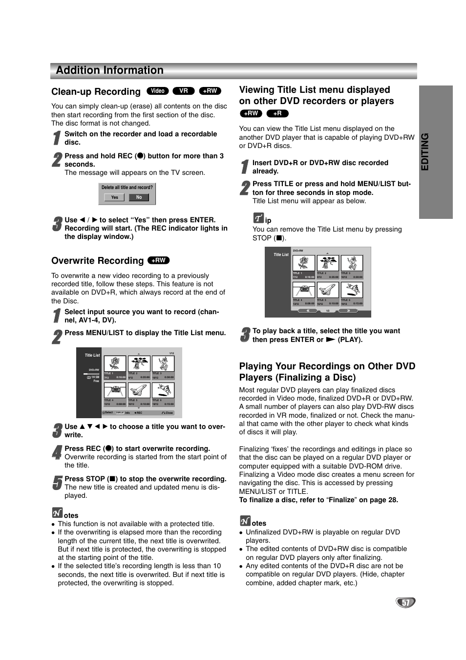 Addition information, Editing, Clean-up recording | Overwrite recording | LG DR4912 User Manual | Page 57 / 64
