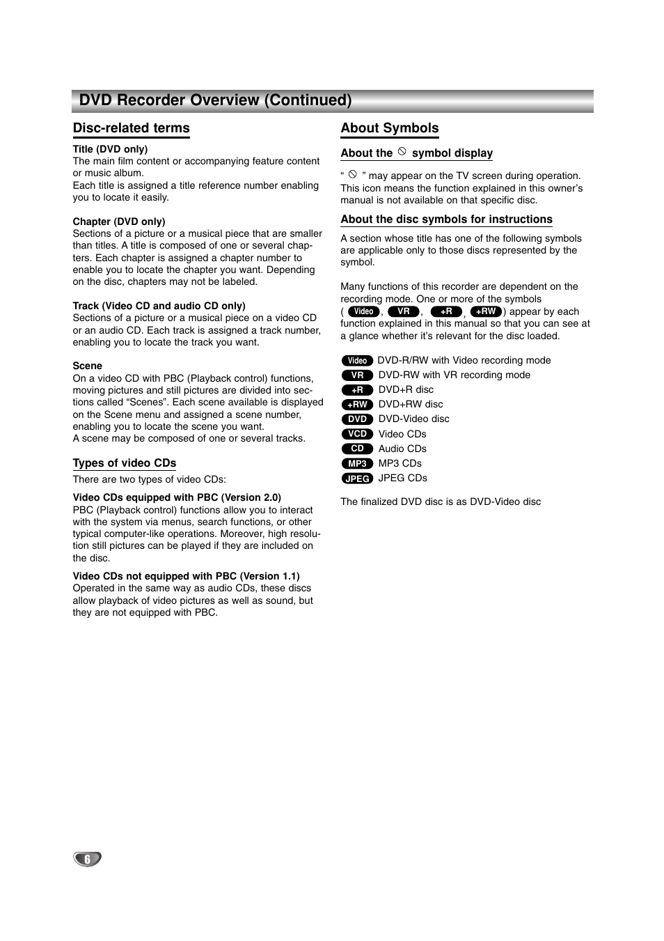 Dvd recorder overview (continued), Disc-related terms, About symbols | LG DR4912 User Manual | Page 6 / 64