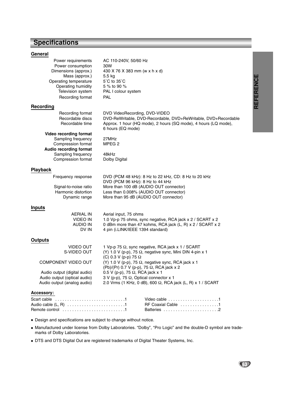 Specifications, Reference | LG DR4912 User Manual | Page 63 / 64