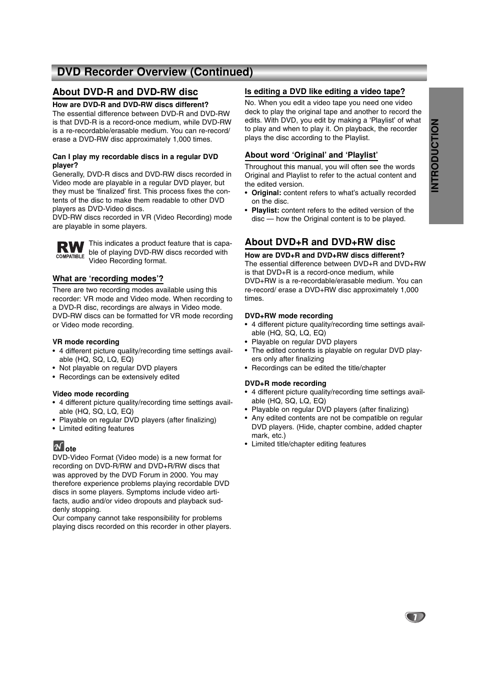 Dvd recorder overview (continued), Introduction, About dvd-r and dvd-rw disc | About dvd+r and dvd+rw disc | LG DR4912 User Manual | Page 7 / 64
