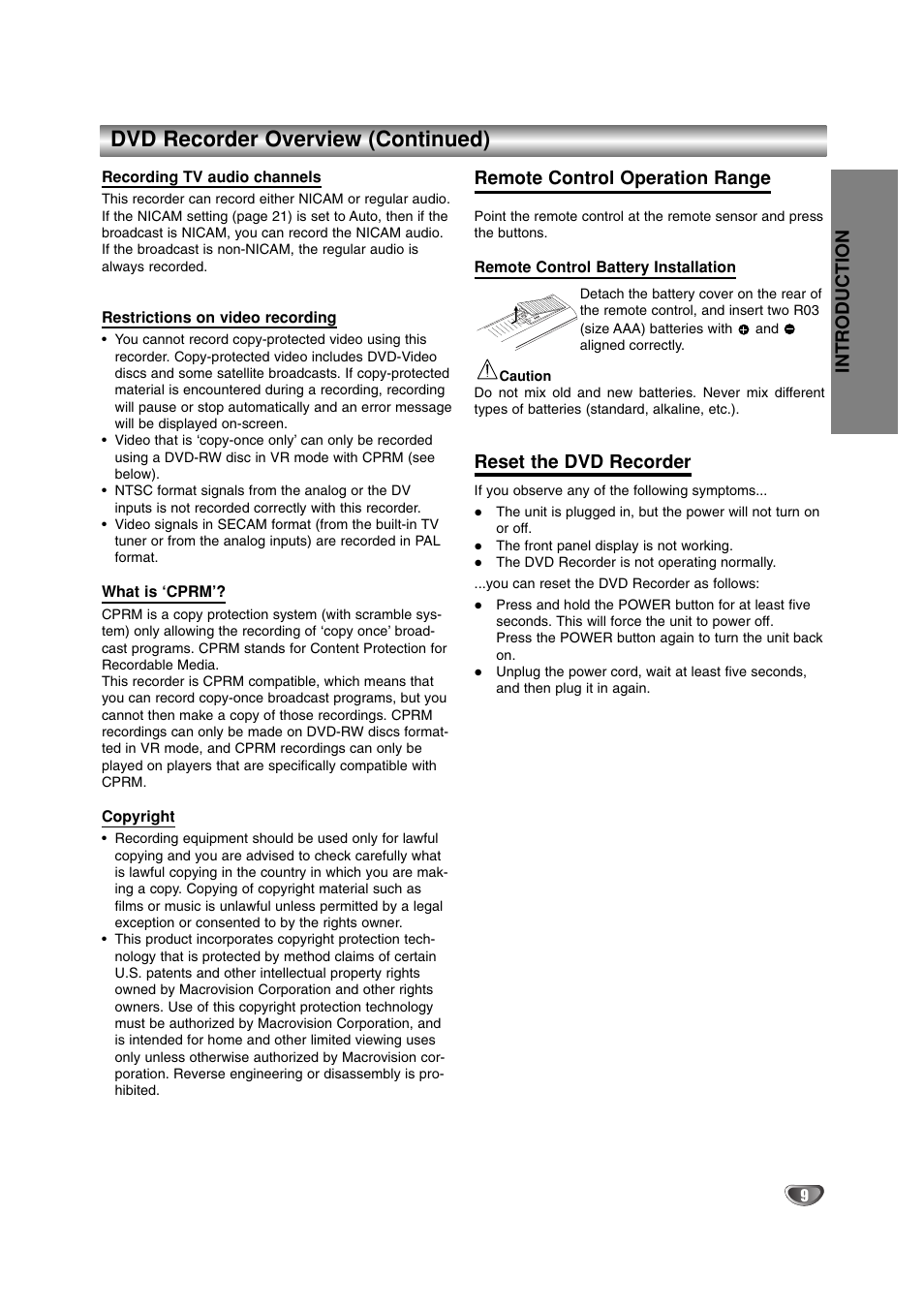 Dvd recorder overview (continued), Introduction, Remote control operation range | Reset the dvd recorder | LG DR4912 User Manual | Page 9 / 64