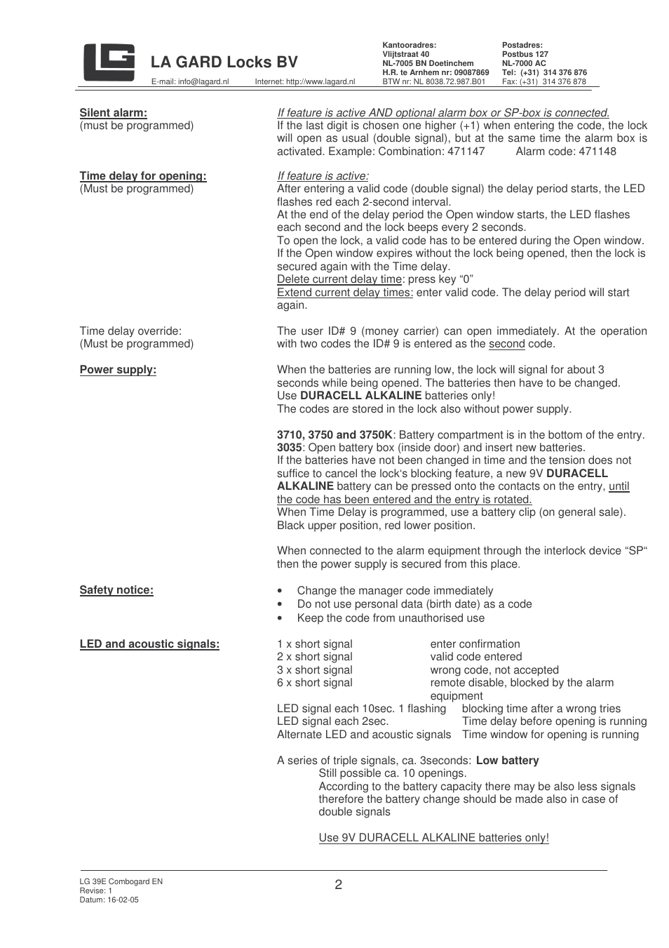 La gard locks bv | LG 39E Multi User Manual | Page 2 / 3