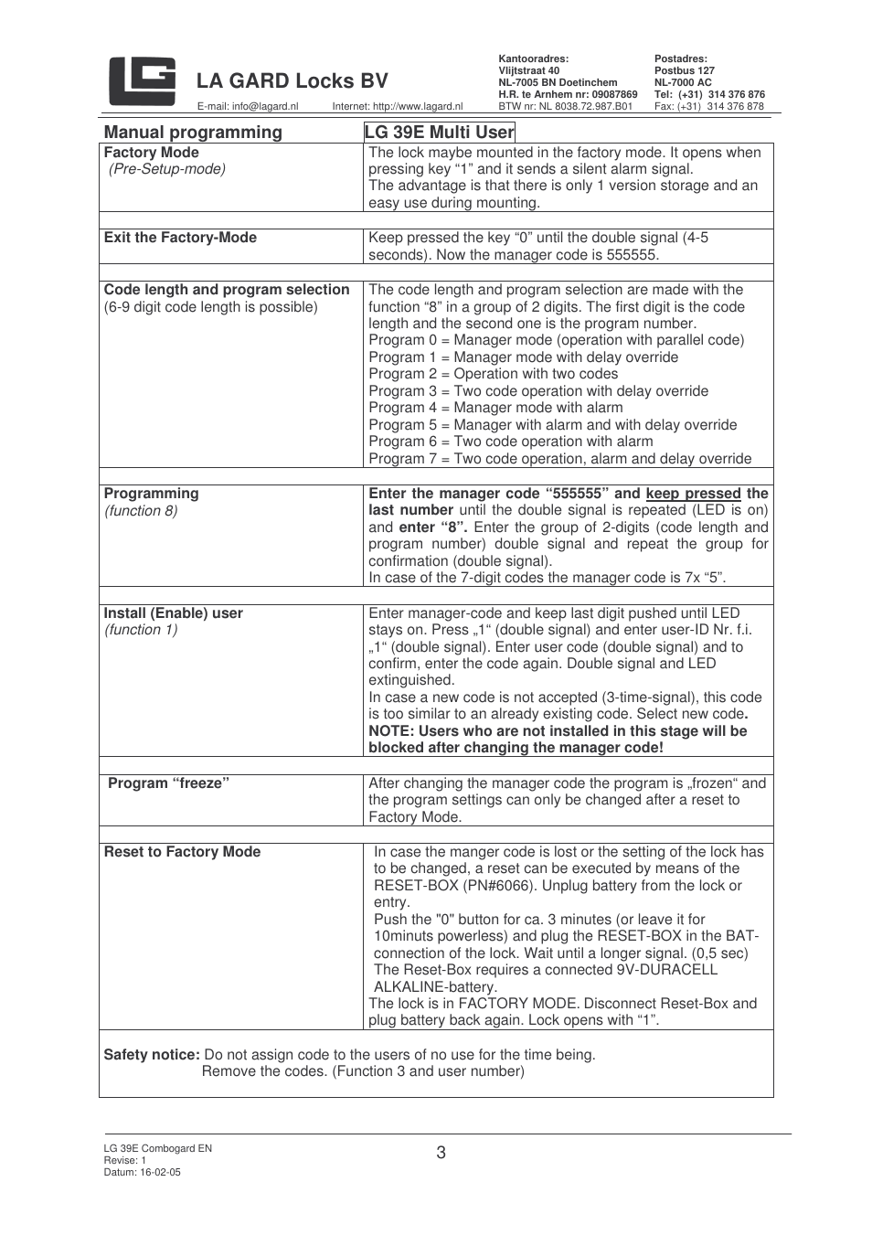 La gard locks bv, Manual programming lg 39e multi user | LG 39E Multi User Manual | Page 3 / 3