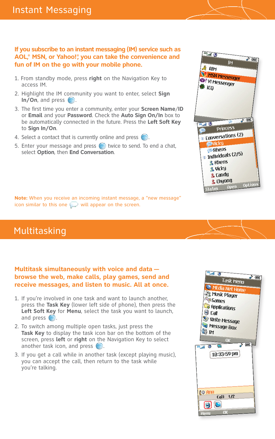 Instant messaging, Multitasking | LG CU500 User Manual | Page 10 / 16