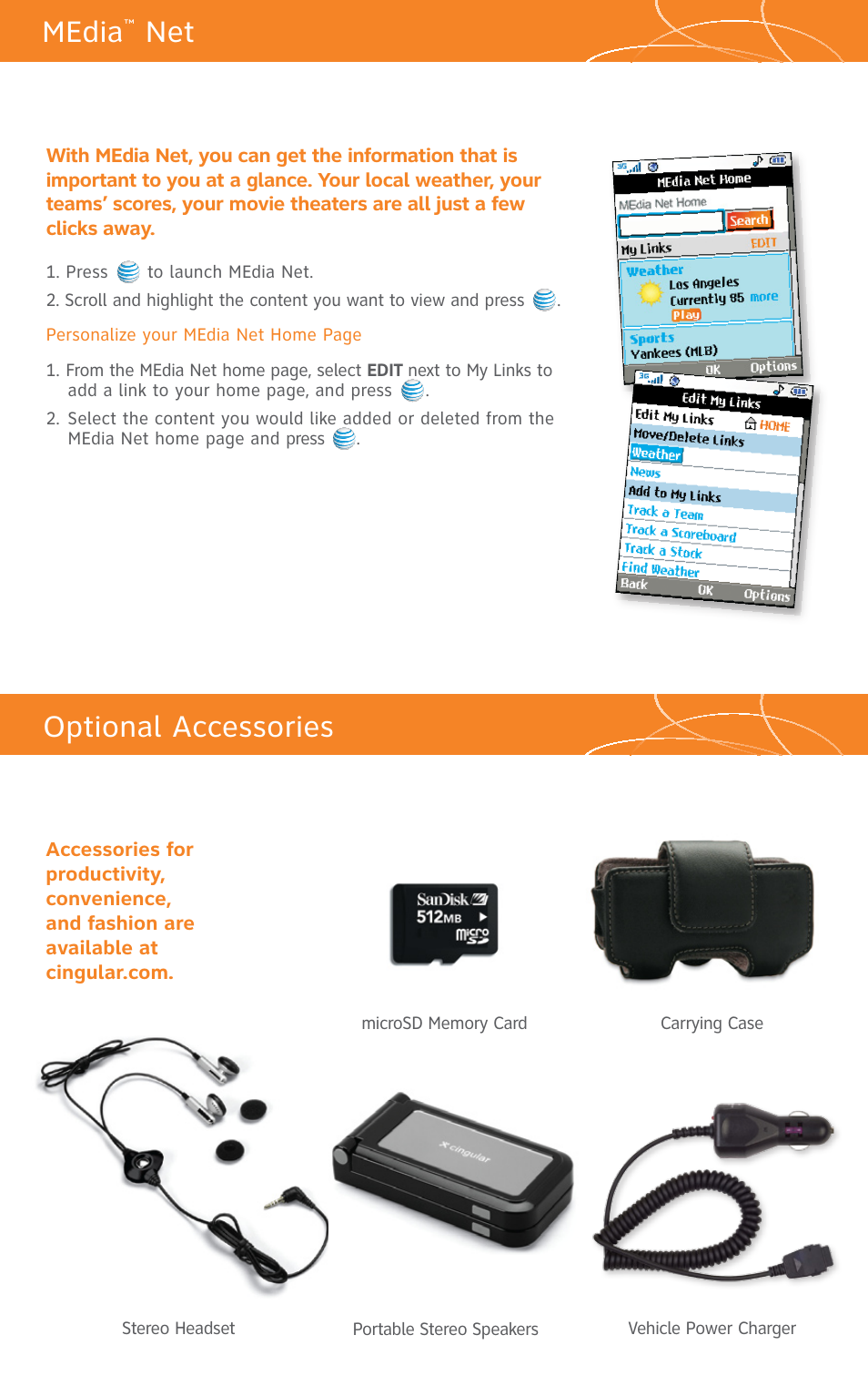 Media, Net optional accessories | LG CU500 User Manual | Page 15 / 16