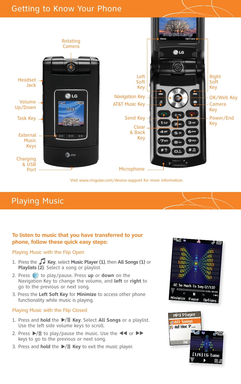 Getting to know your phone, Playing music | LG CU500 User Manual | Page 2 / 16