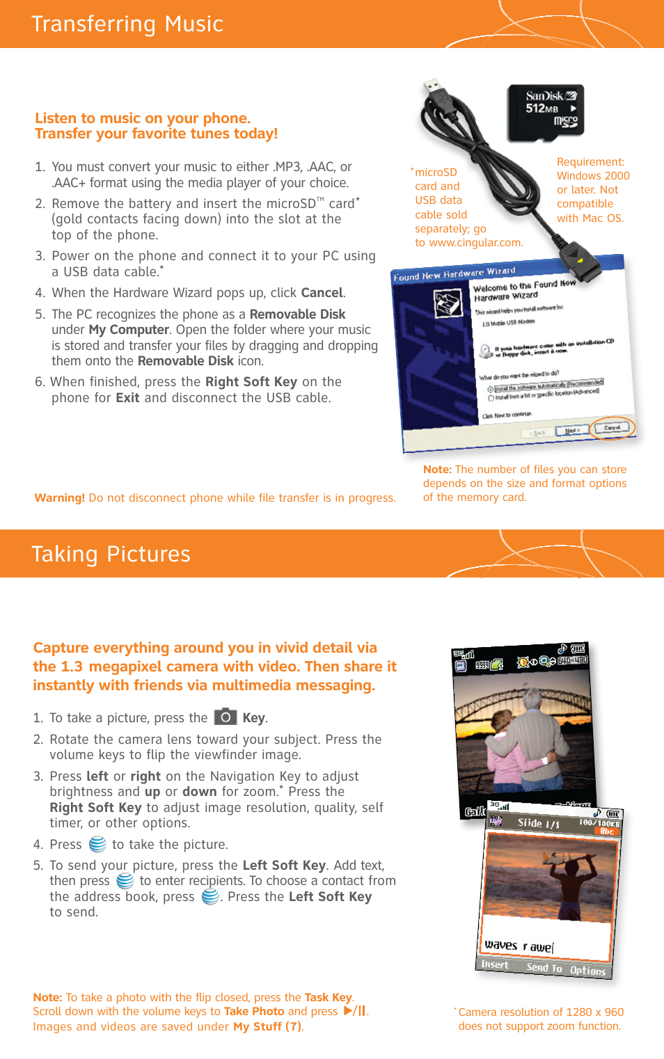 Transferring music, Taking pictures | LG CU500 User Manual | Page 4 / 16