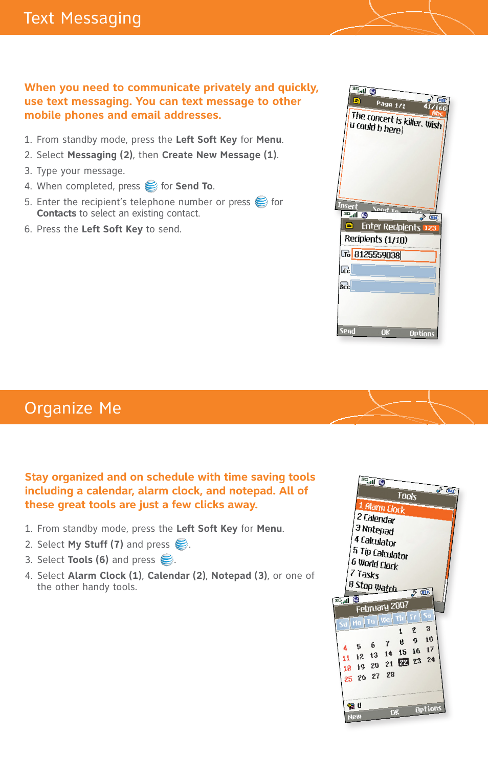 Text messaging, Organize me instant messaging | LG CU500 User Manual | Page 9 / 16