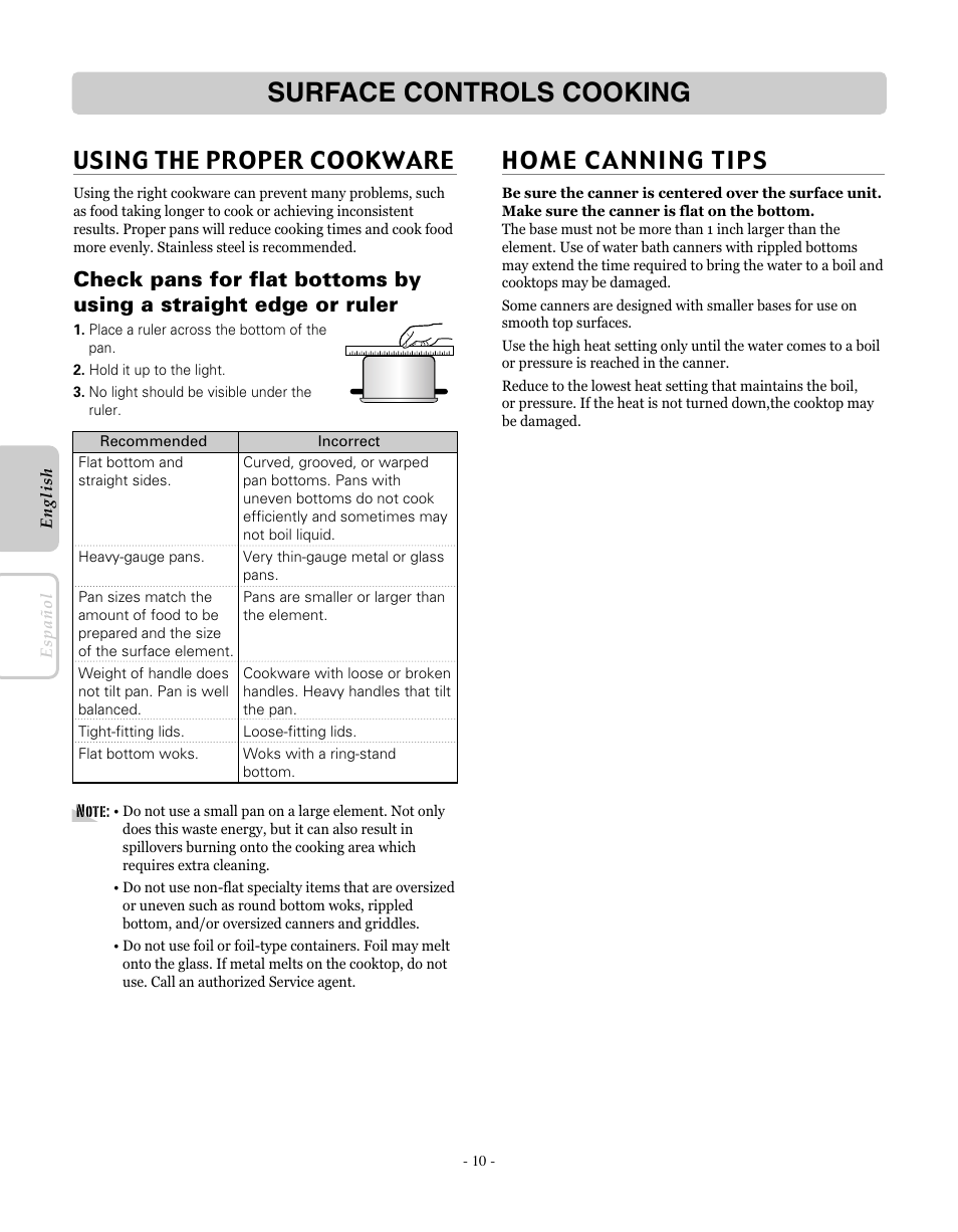 Surface controls cooking, Home canning tips, Using the proper cookware | LG LRE30451SW User Manual | Page 10 / 70
