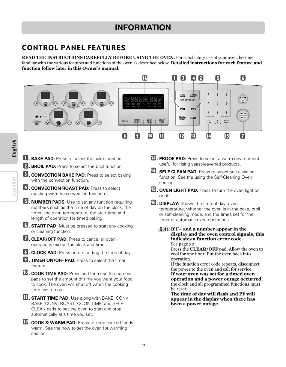 Information, Control panel features | LG LRE30451SW User Manual | Page 12 / 70